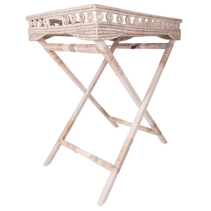 Rattan Folding Butler Tray Table with Glass Insert for wholesale by Artifacts Trading Company