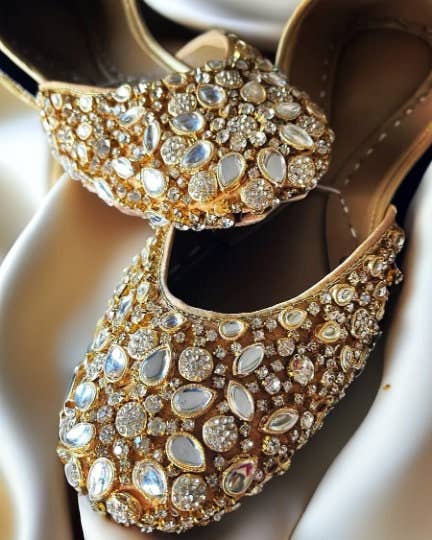 Quintessential Kundan Embellished Satin Gold Wedding Flats Jutti Khussa for wholesale on Faire2