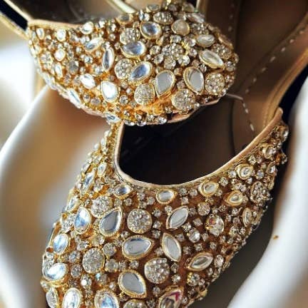 Quintessential Kundan Embellished Satin Gold Wedding Flats Jutti Khussa for wholesale on Faire2