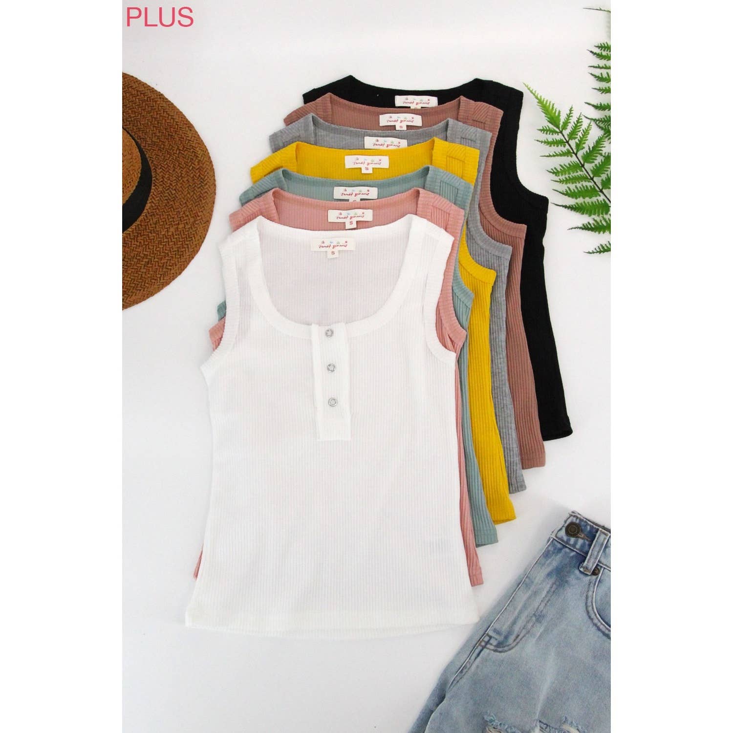 Sweet Generis - Wholesale Tanktop - Dames - PLUS GERIBBELDE HENLEY TANKTOP MET DRUKKNOPEN - Citroenkleur2