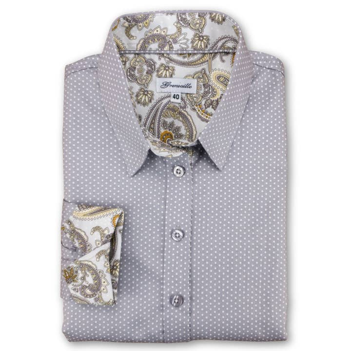 Grenouille Grau-weißes Tupfenhemd mit Paisley-Details für den Großhandel von Salamander Shirts Ltd