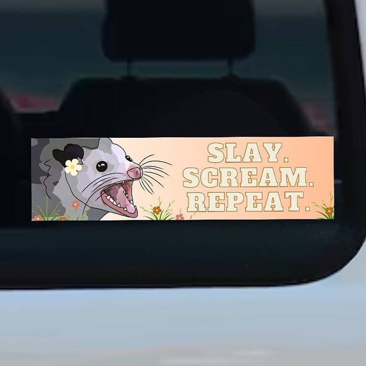 Screaming Opossum Bumper Sticker, Slay Scream Repeat for wholesale by Toadstool Creations