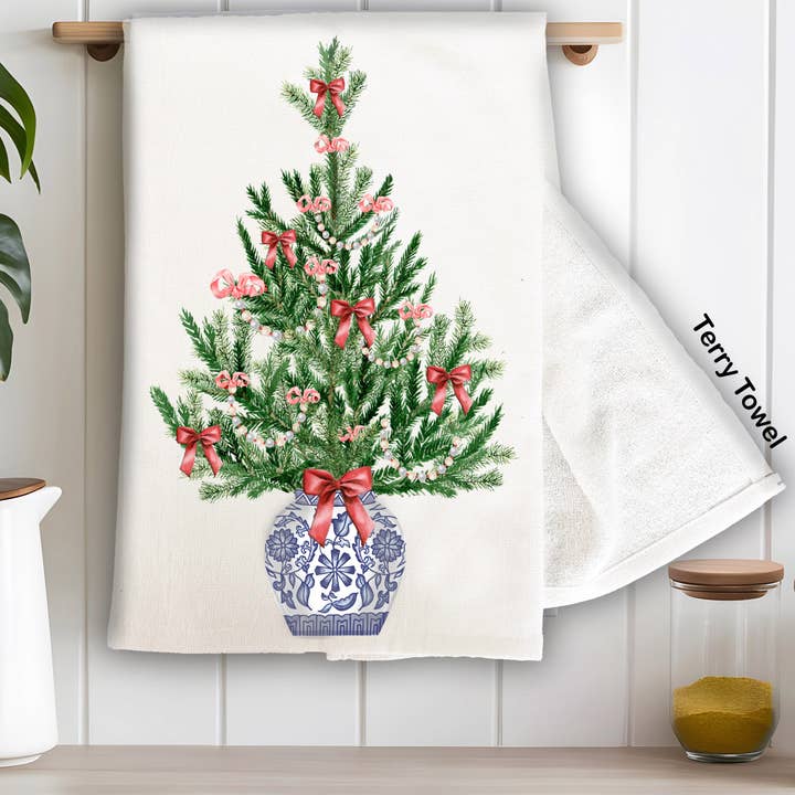 Chinoiserie Christmas Tree Kitchen Terry Towel for wholesale by Avery Lane Gifts