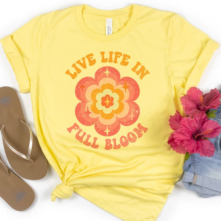 Viva a Vida Em Plena Bloom - Camisa Boho Positiva Feliz Flower por atacado de House Of Rodan