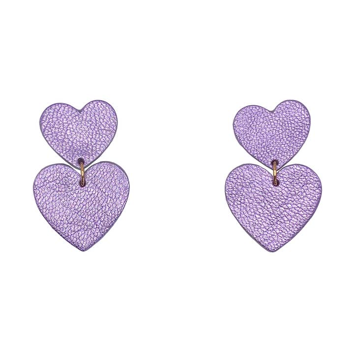 Orecchini a doppio cuore in pelle viola / Lilla per la vendita all'ingrosso da parte di Manali