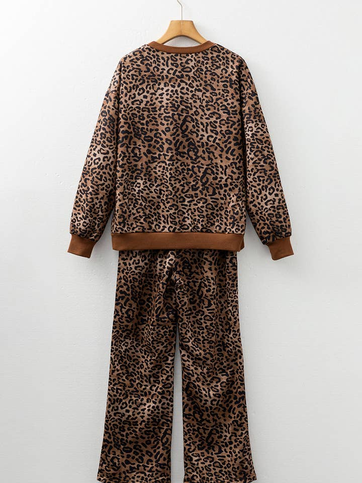 Coffee LALALOO Leopard Long Sleeve Top and Pants Set for wholesale on Faire3