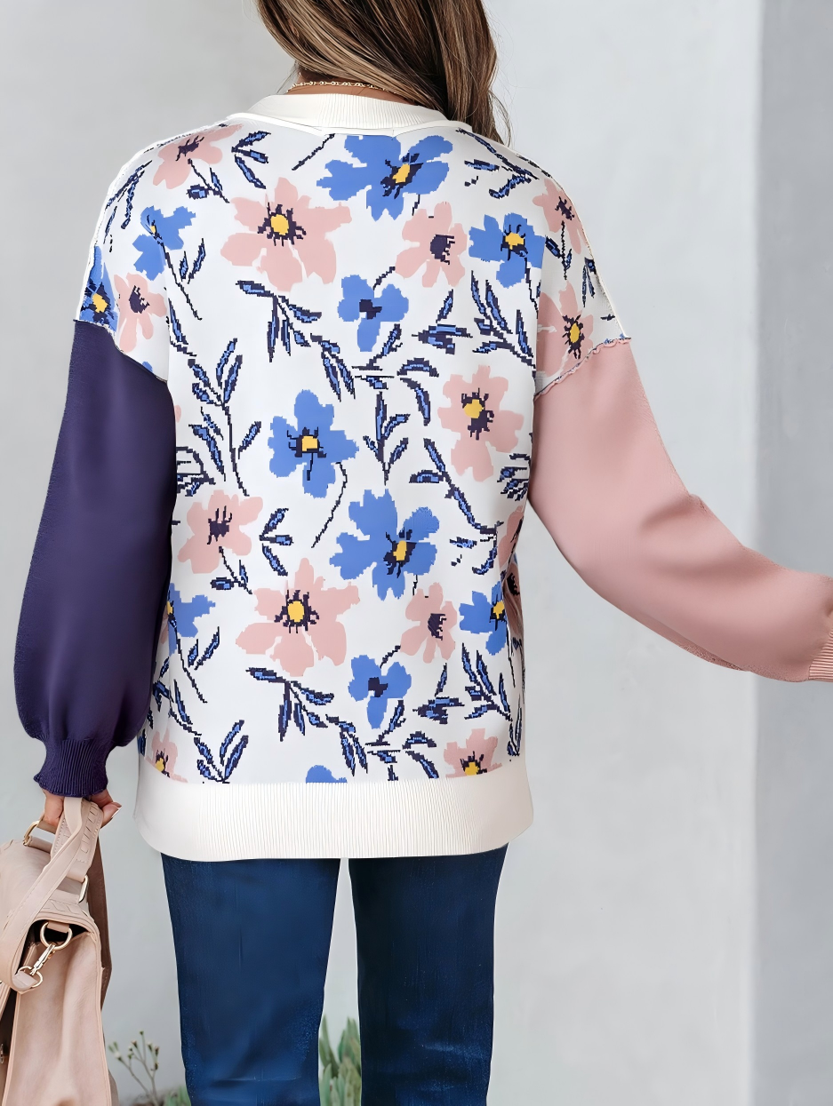 Multi Colored Floral Panel Colorblock Sleeve Patchwork Sweater for wholesale on Faire1
