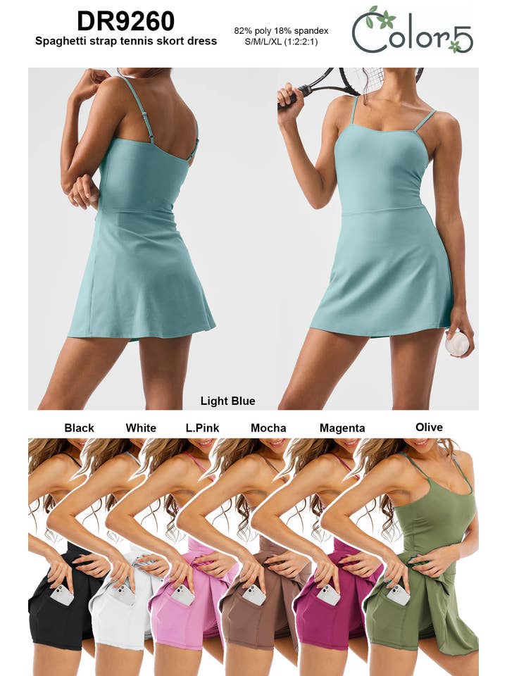 Color 5 - Wholesale Athletic Dress - Women's - Premium spaghetti strap tennis work out dress w/shorts under13