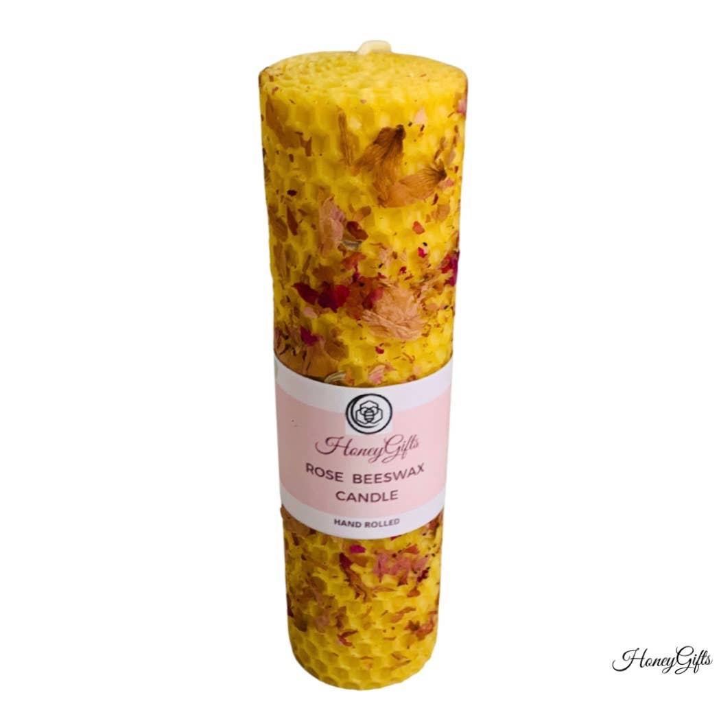 HoneyGifts - Wholesale Pillar Candle - 100% pure beeswax candle with rose petals2