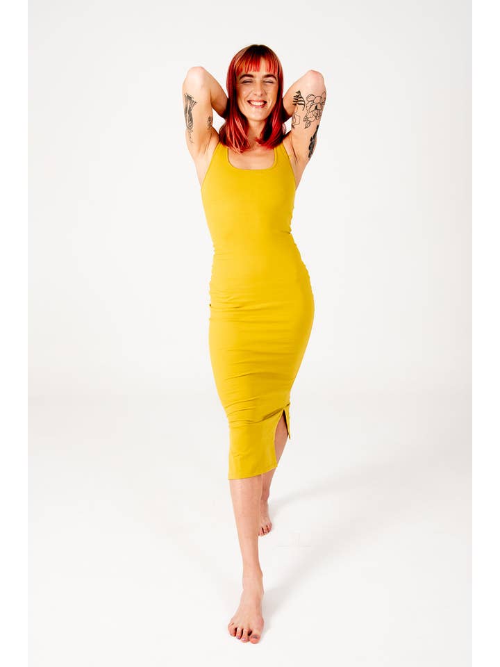 Shinni Neck Midi Dress In Mustard Seed for wholesale on Faire