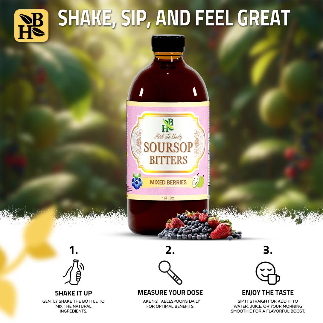 Herb To Body - Wholesale Oral Supplement/Vitamin - Soursop Bitters Mixed Berries 16oz | Immune & Gut Support 5