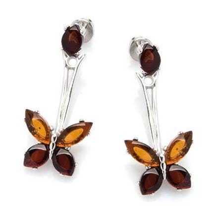 Natural cognac amber butterfly earrings, 925 silver for wholesale by OPALOOK France
