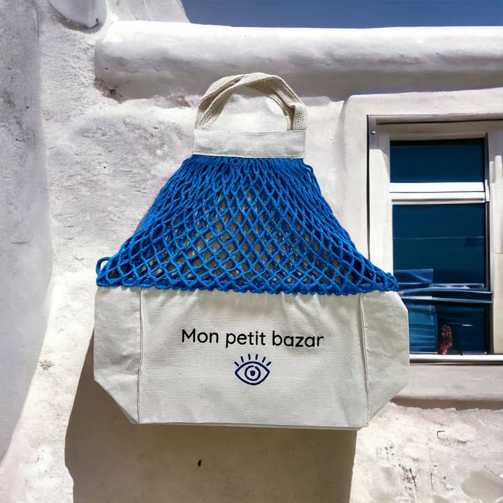 SHOPPINETTE – Großhandel Lebensmittel-/Einkaufstasche – “Mon petit bazar” bestickte Netz-Tasche7