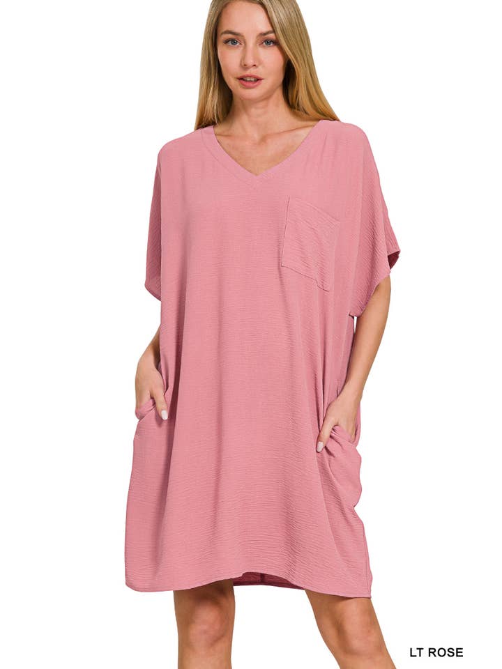 42POPS - Wholesale Dress - Women's - SI-26408 Woven Airflow V Neck T Shirt Dress With Pockets