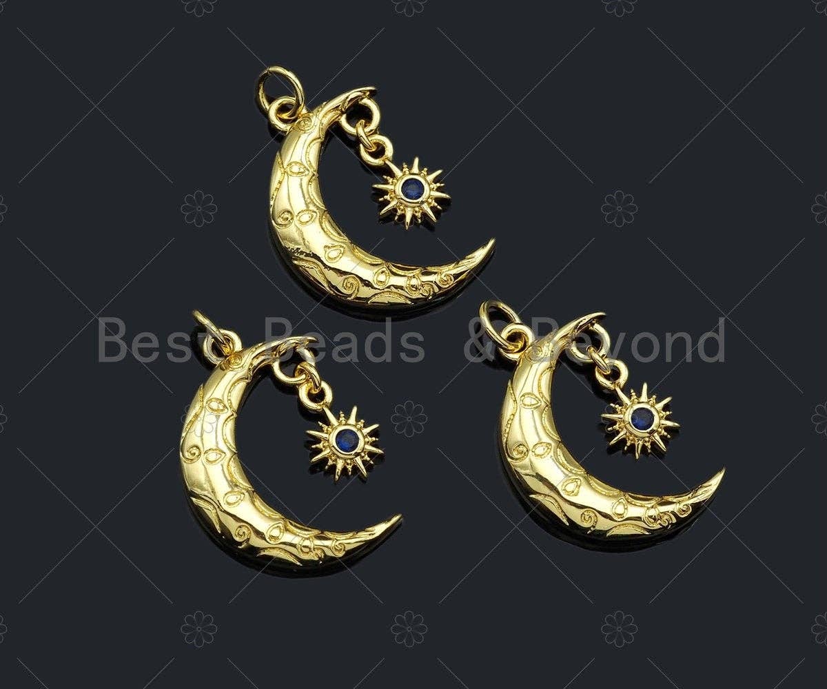 BestBeads&Beyond - Wholesale Individual Charm/Pendant - Cobalt CZ Micro Pave Cresent Moon With North Star Shape Pendant Charm, Cubic Zirconia Moon Charm,15x22mm,Sku#LK1580