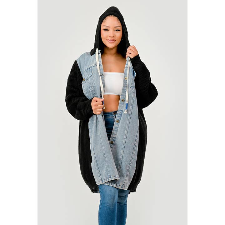 HiteJeans - Wholesale Jacket - Women's - Denim Knit Mixed Long Hooded Jacket4