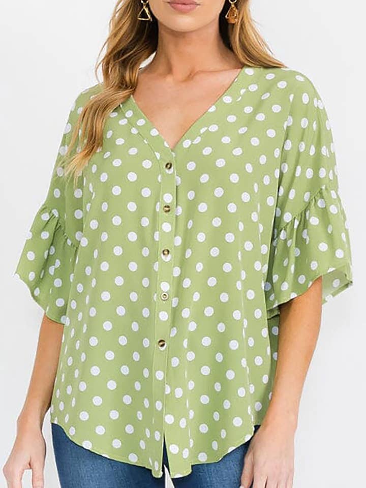 Polkadot knoopsluiting V-hals blouse met ruches mouwen voor wholesale door ROUSSEAU