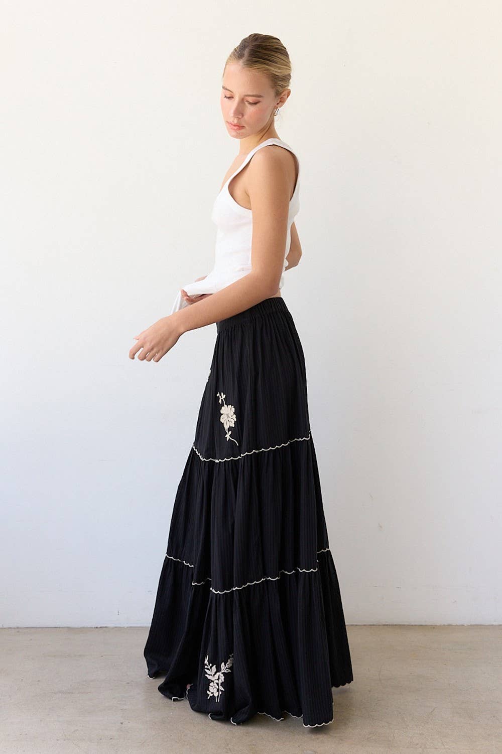 Black Embroidery Tiered Maxi Skirt - RS1032 for wholesale on Faire5