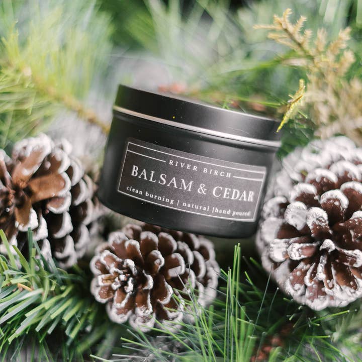 River Birch Candles - Wholesale Travel Candles - 8oz Balsam & Cedar - Black Tin Soy Candle1