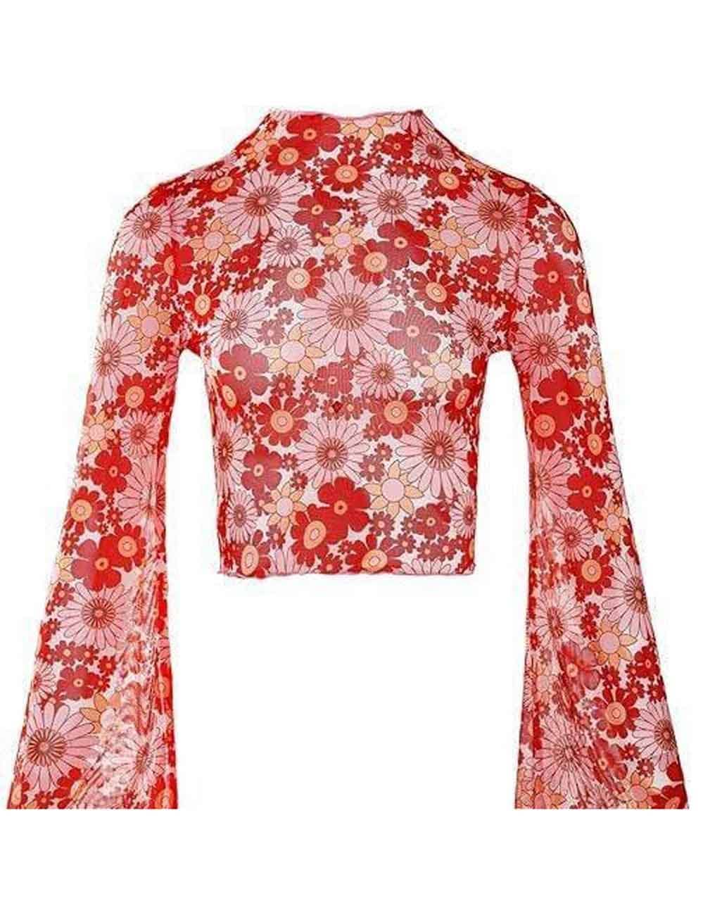 Sweetkama – wholesale Knit top – Women's – Ladies Print Flare Sleeves Mesh Crop Top SKT241711