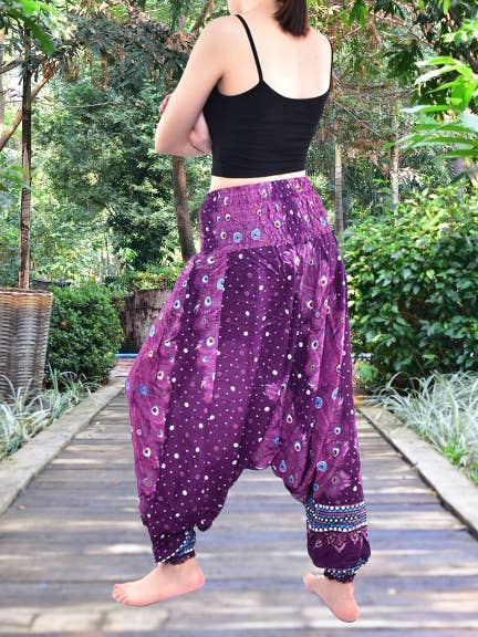 Bohotusk Purple Peacock Print Low Crotch Harem Pants Womens Elasticated Smocked Waist S/M for wholesale by Bohotusk