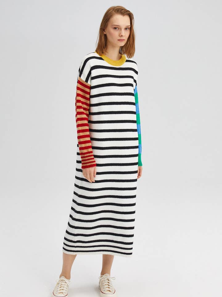 Ecru Colorblock Striped Knit Sweater Dress for wholesale on Faire