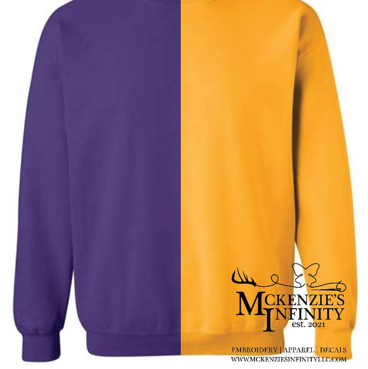 Purple & Gold Split Colored, Two-Toned, Crewneck Sweatshirt for wholesale by McKenzie’s Infinity LLC