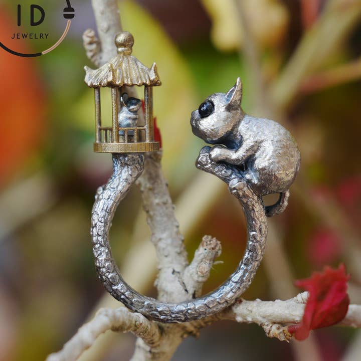 Verstelbare zilveren kattenring met lantaarn & zwarte onyx ogen – Handgemaakte gotische dierenjuwelen, totemstijl cadeau voor haar, verjaardag of kerst. voor wholesale door idjewelry