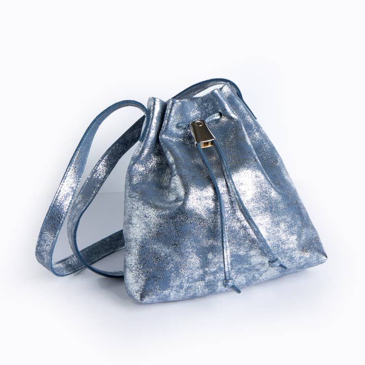 Darlene Denim Metallic Leather Drawstring With Metal Closure for wholesale by Viva Bags of California