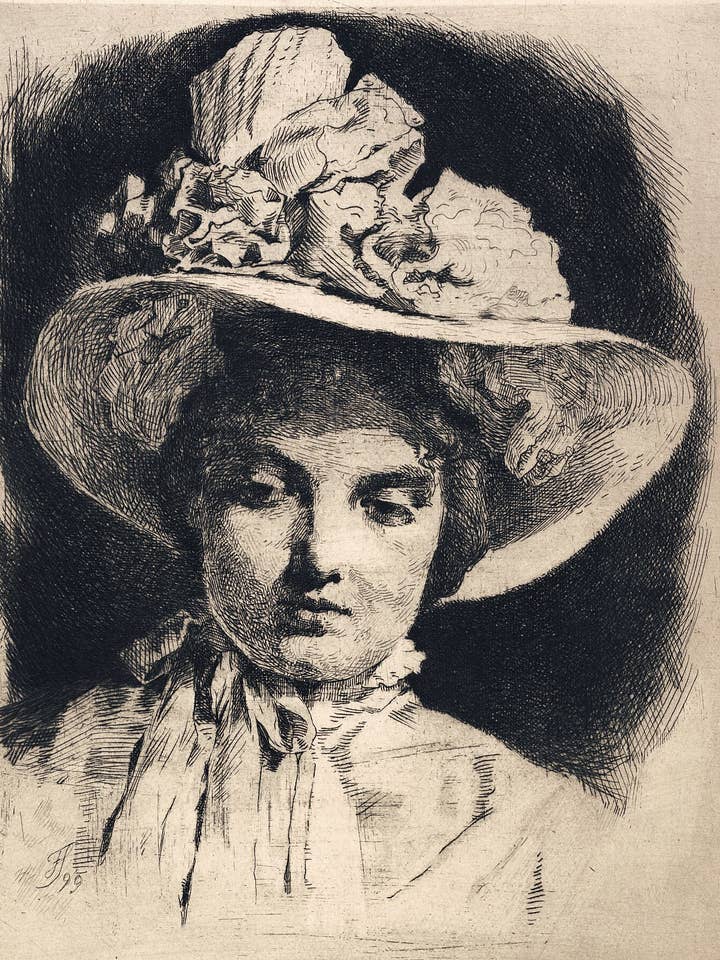 Jeune fille, de face, avec un chapeau à larges bords par Frans Schwartz - 1899 pour la vente par Flashback Shop