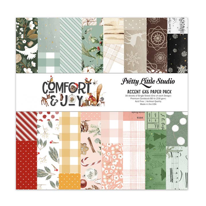 Pacote de papel de face única Comfort & Joy ACCENT 6x6 | Woodland, Natal, Inverno por atacado de Pretty Little Studio