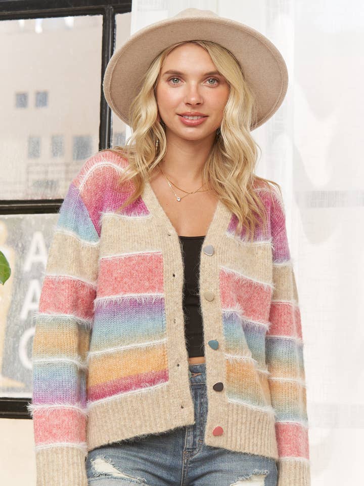 LESW4026-MULTICOLOR STRIPED BUTTON DOWN CARDIGAN for wholesale by Madelyn