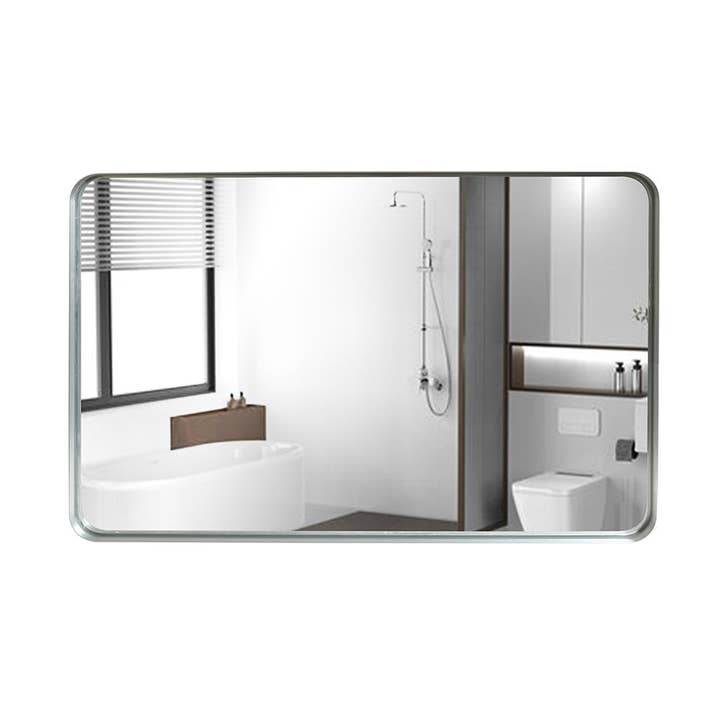 36X30Inch Glossy Brushed Silver Rounded Corner Rectangle Wall Mirror For Bathroom Metal Frame Wall Mounted Bathroom Mirror Home Decor Corner Hangs Farmhouse Mirror Horizontal & Vertical Silver for wholesale by Orange County Decor