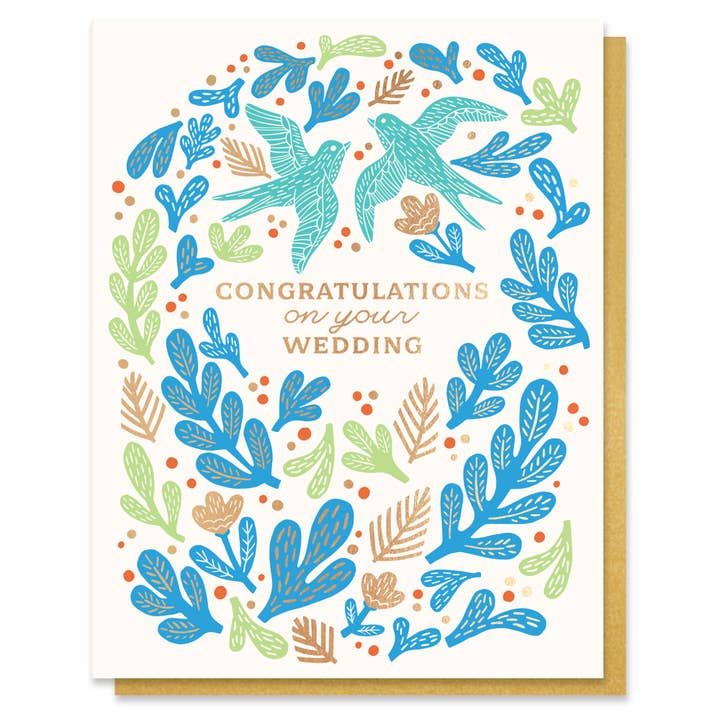 Paper Parasol Press - Wholesale Wedding Card - Bird Wedding Congratulations Card with Gold Foil1