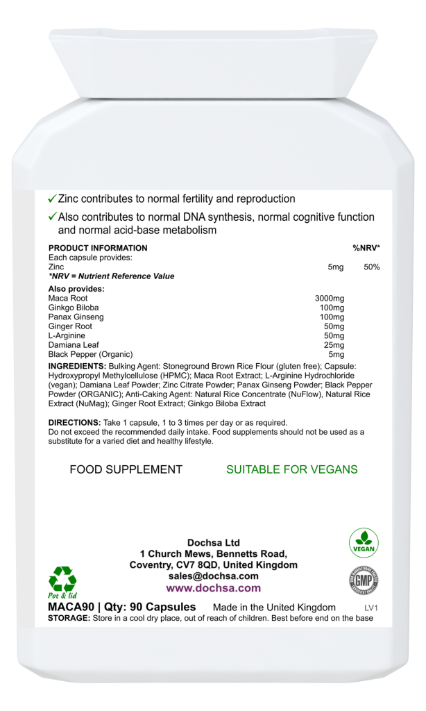 Dochsa Ltd – wholesale Oralt tillskott/Vitamin – Maca & L-Arginin 90 kapslar - Balans1