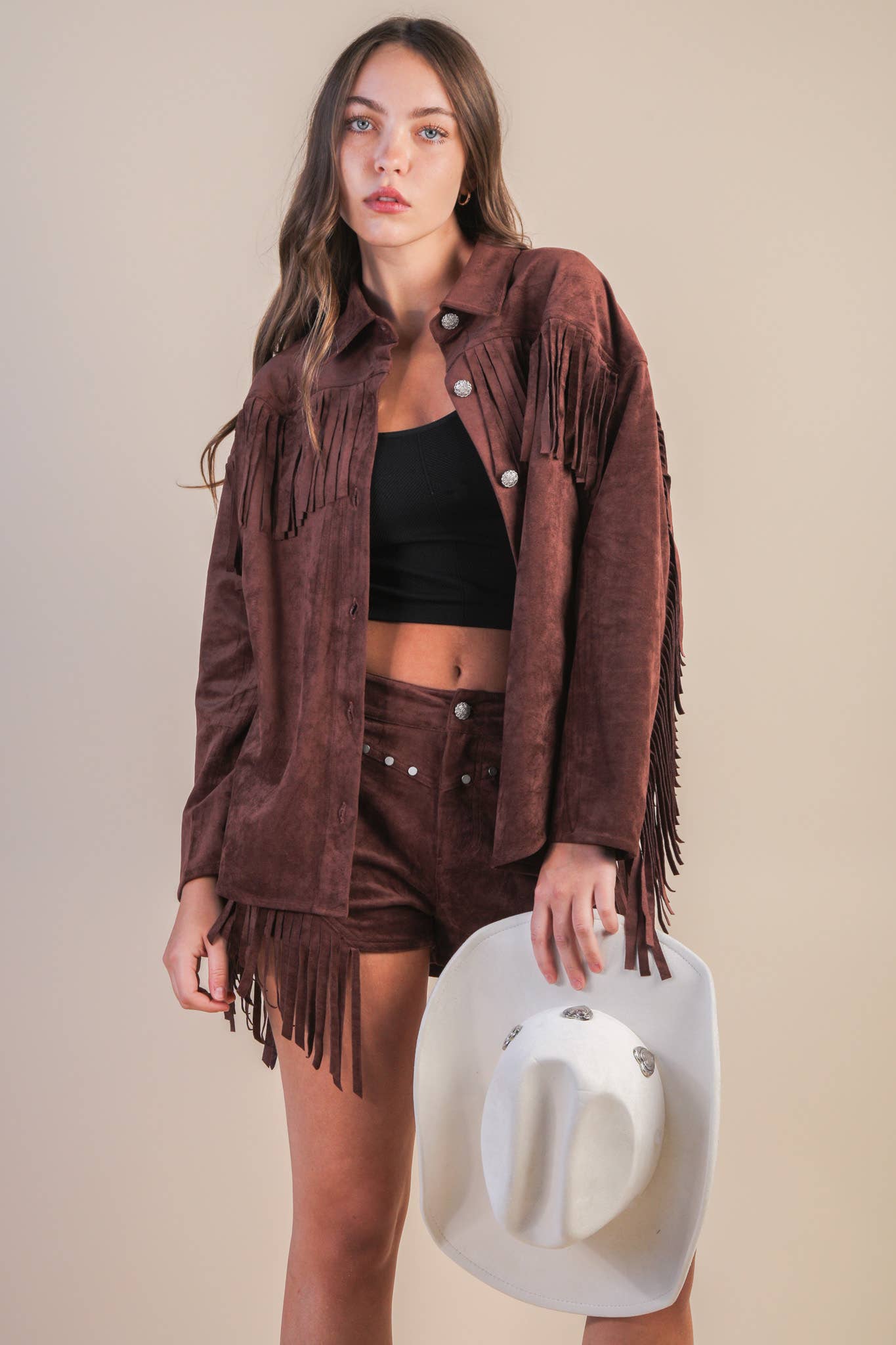 VERY J - Wholesale Jacket - Women's - NJ90387-Suede Fring Detail Western Jacket Shacket13