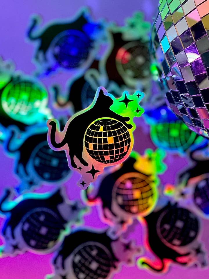 Disco Kitty- holographic sticker for wholesale by Cover Yo Space Gurl
