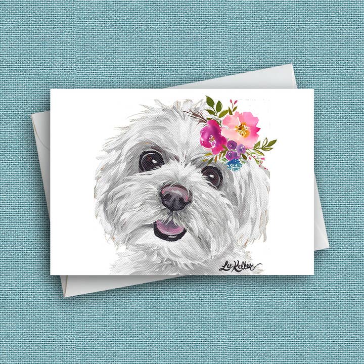 Bright Blooms hundekort 'maltesisk', søde hundekort for engroshandel hos Hippie Hound Studios