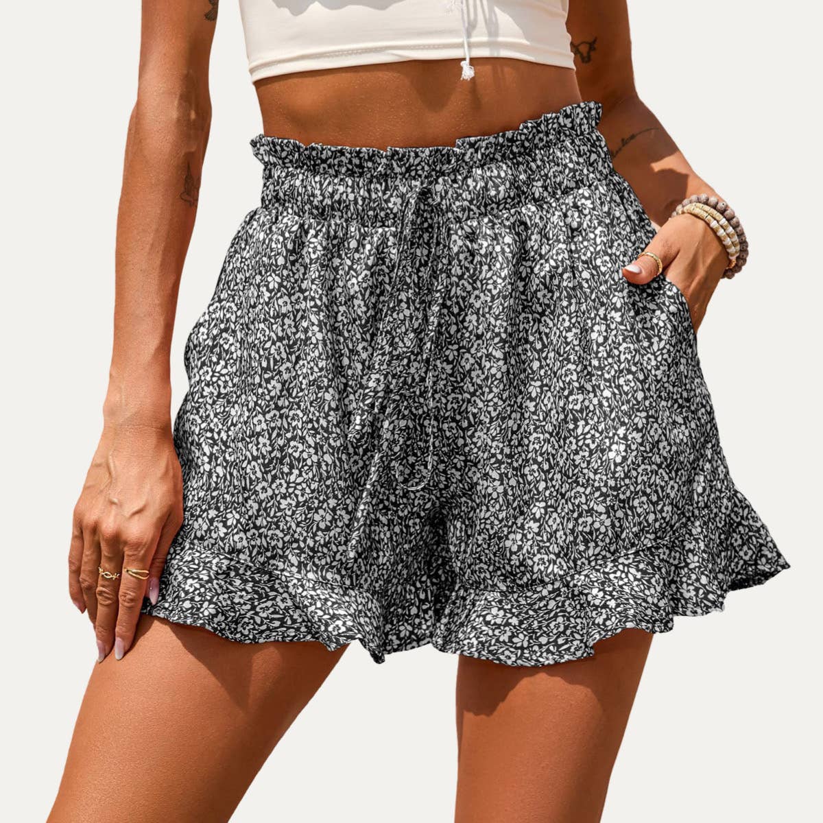 The Moment Collection - Wholesale Shorts - Women's - Outdoor Adventure Floral Print High-Waisted Mini Shorts3