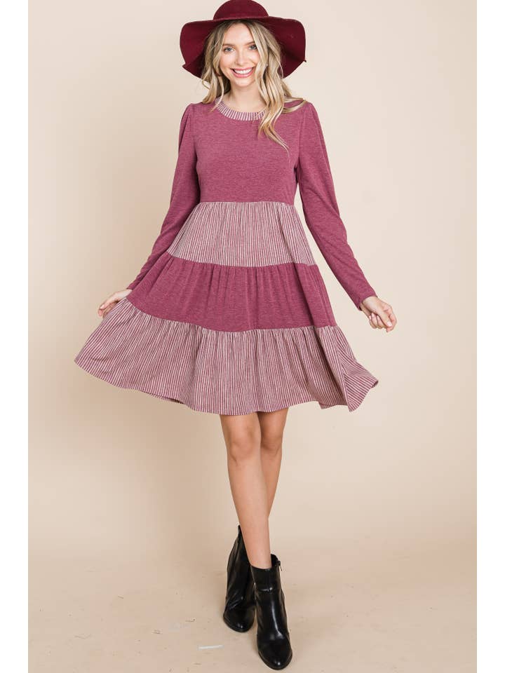 Burgundy ETK-8610-PL Plus Size Striped and Solid Knee Dress for wholesale on Faire1