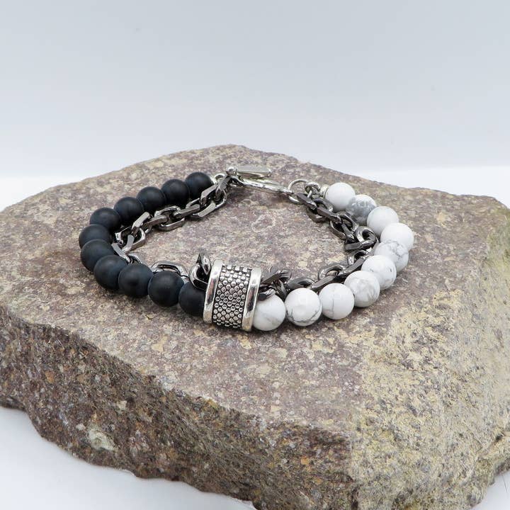 Atisha Spiritual Shop - Wholesale Jewelry - Men's - ARATH ~ Men's bracelet chain + hard stone pearls - STAINLESS STEEL2