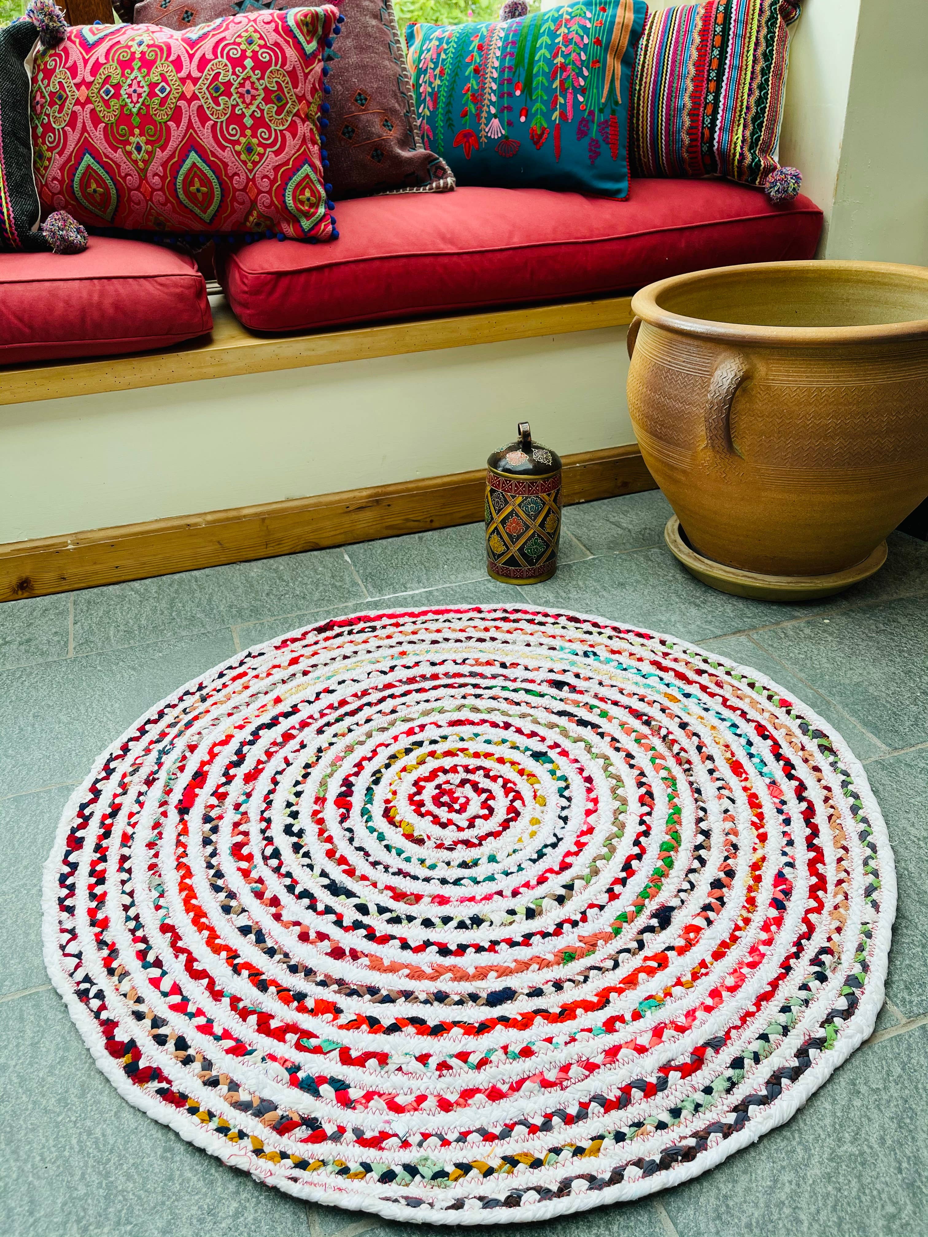 Second Nature Online - Wholesale Area Rug - CARNIVAL Rug Multi Colour White Cotton Round Circles Braided2