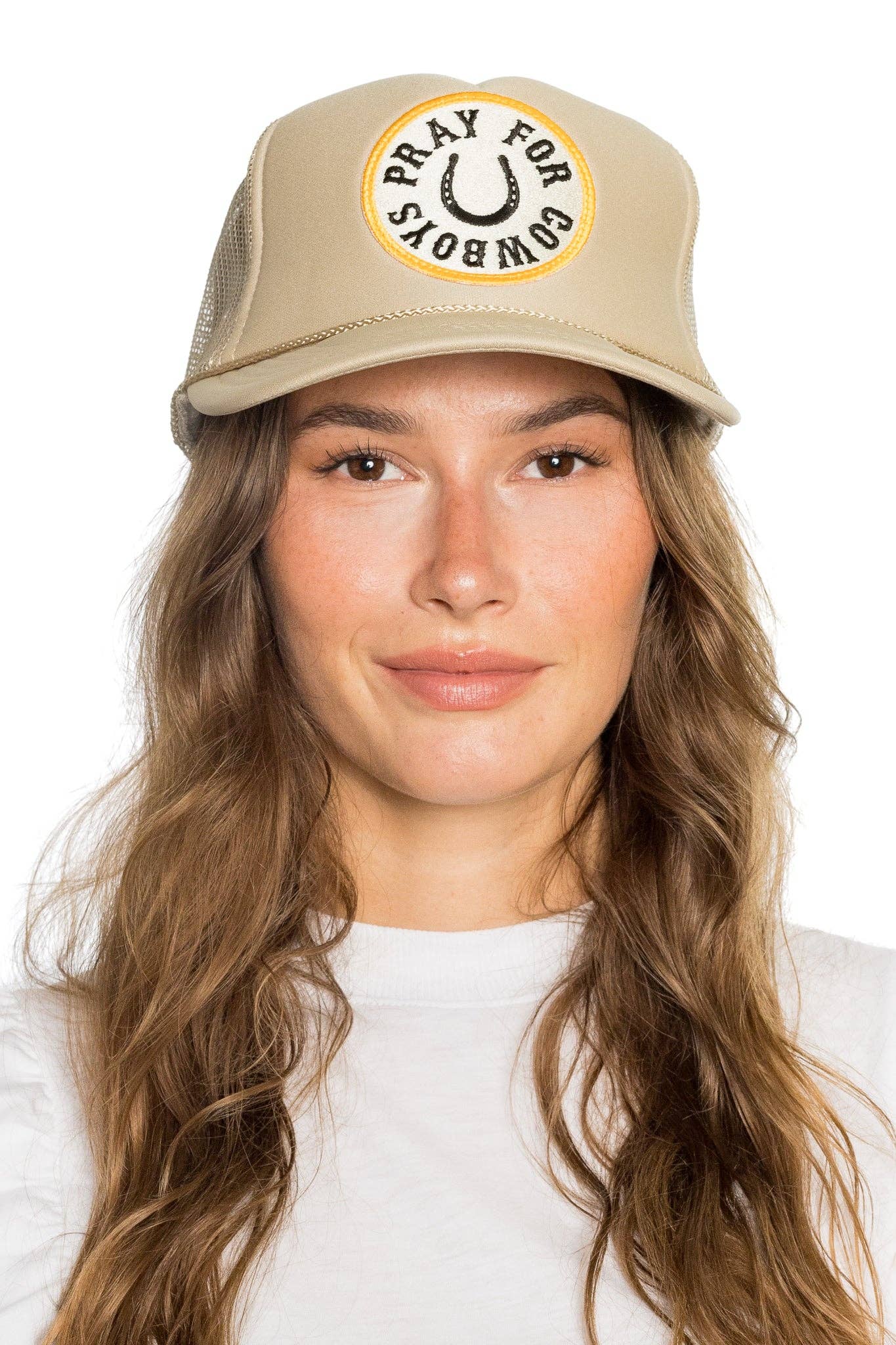 Pray For Cowboys Trucker Hat in Tan for wholesale on Faire3