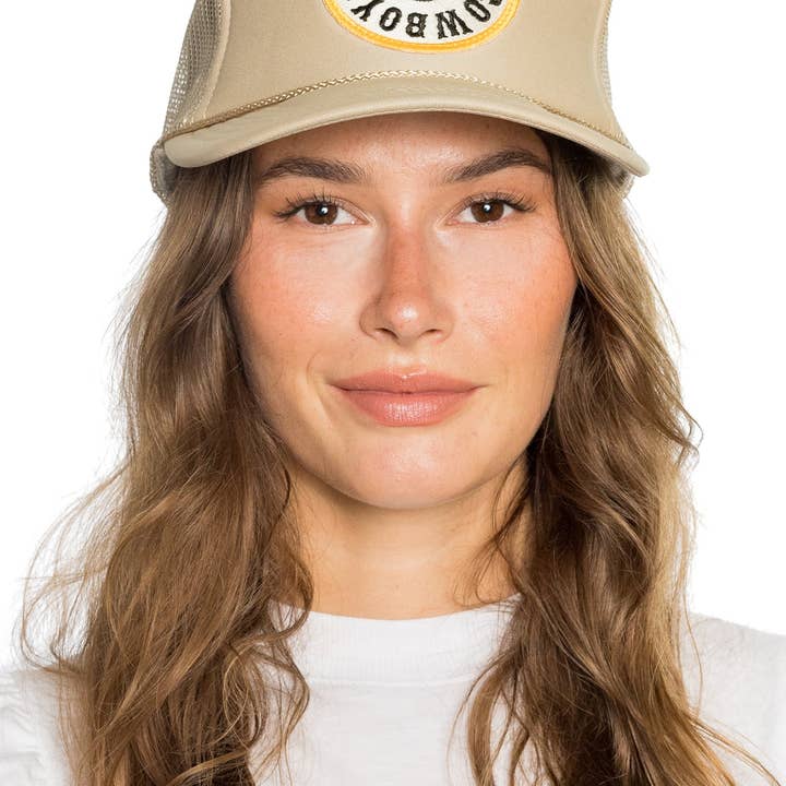 Pray For Cowboys Trucker Hat in Tan for wholesale on Faire3