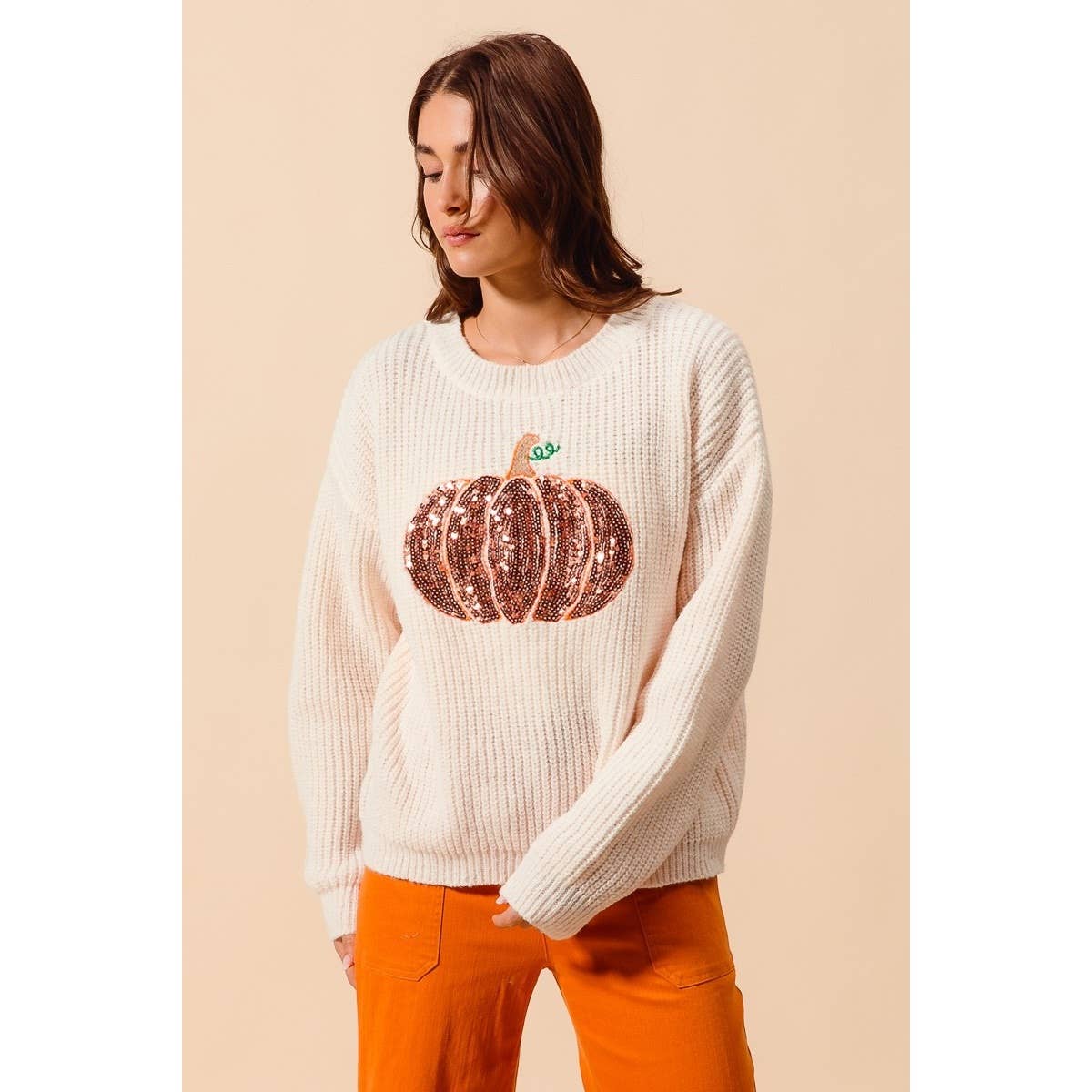 OATMEAL Sequin Pumpkin Halloween Thanksgiving Sweater Top for wholesale on Faire7