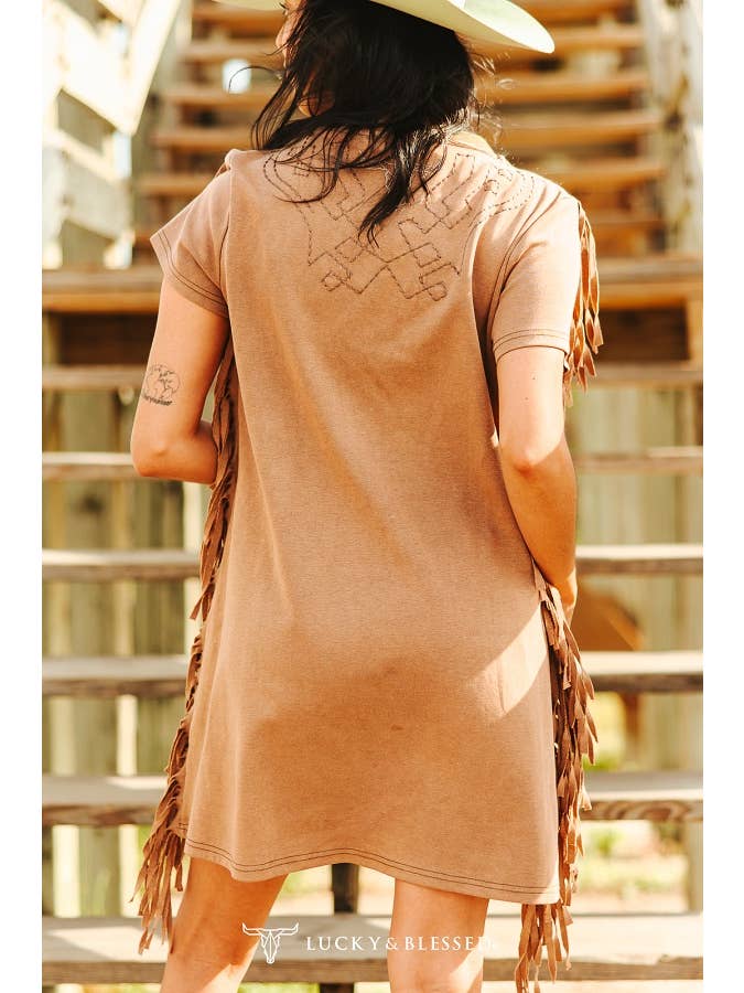 LUCKY & BLESSED - Wholesale Dress - Women's - Camel Mineral Wash Cowskull Embroidered Stretch Dress