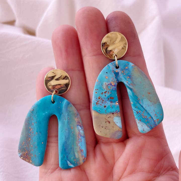 Arch Turquoise Water Earrings, U shaped Post Dangles, Polymer Clay Sea Themed, Beachy Jewelry, Blue Eye-Catching Earrings, Gift for Her for wholesale by Frosted Willow