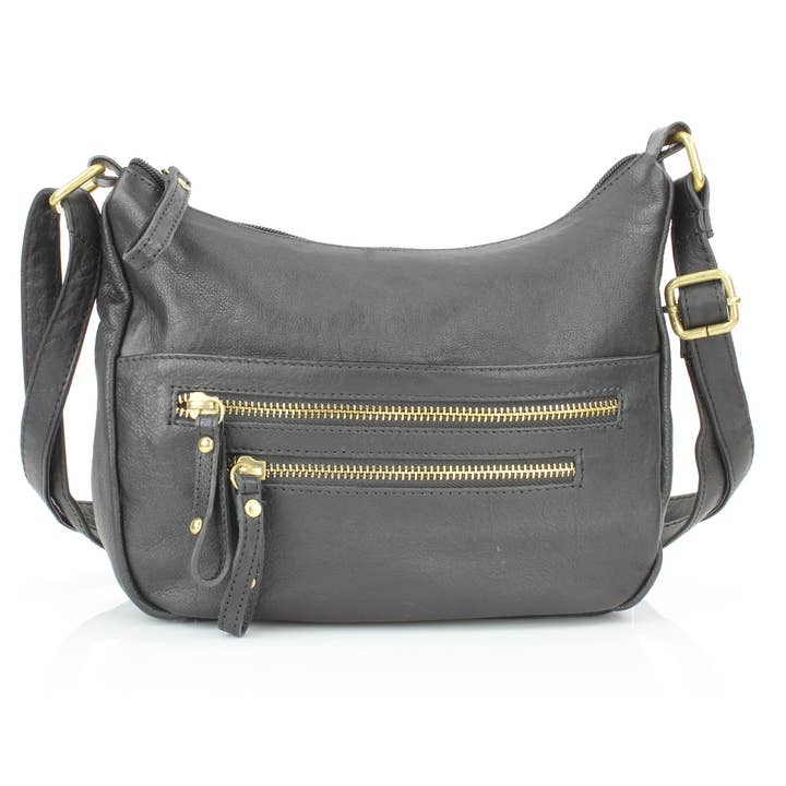Mesa Black Leather Hobo Bag with Gold Zipper Pockets RB 150 for wholesale by Leather Impressions Inc