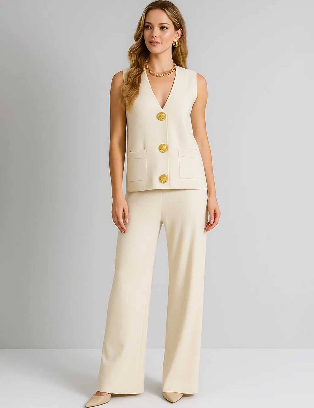 Sweetkama - Vendita all'ingrosso Completo top e pantaloni (NON loungewear) - Donna - Completo 2 pezzi: Gilet e Pantaloni a Maglia con Bottoni e Scollo a V a Tinta Unita da Donna10