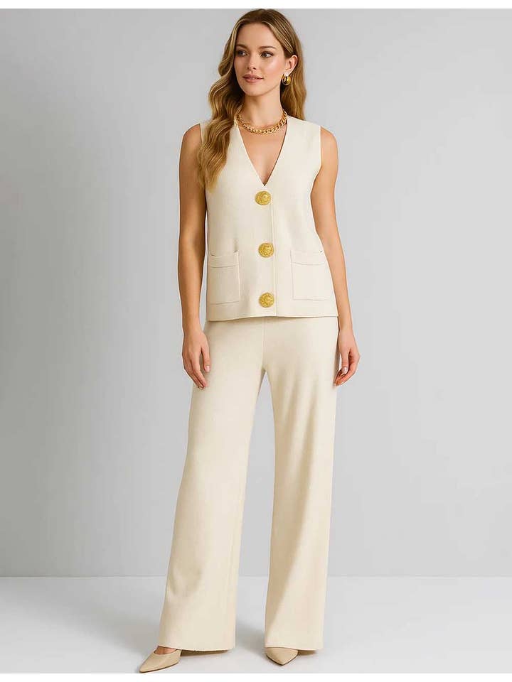 Sweetkama – Engroshandel Top- og buksesæt (IKKE Loungewear) - Dame – Dame Ensfarvet V-hals Knap Strikvest & Bukser 2-delt Sæt10